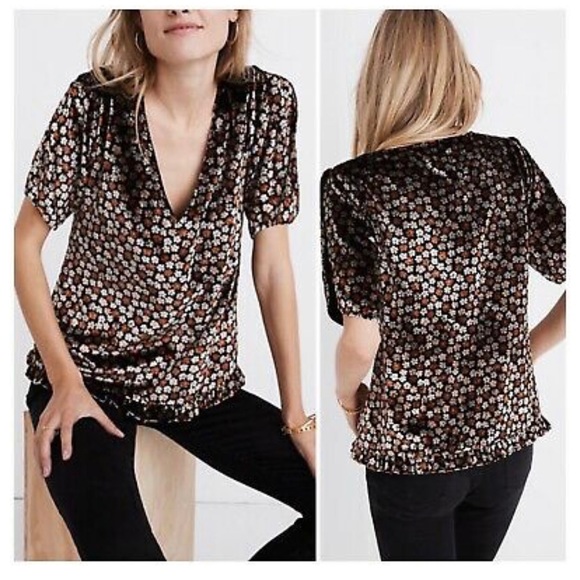 Madewell | Velvet | Tulip-Sleeve | Ruffle Trim Top - Picture 1 of 6